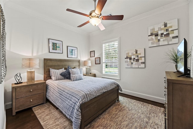 5518 Fleming Rock Ln, Fulshear, TX 77441 - bedroom with dark wood finished floors, crown molding, baseboards, and a ceiling fan
