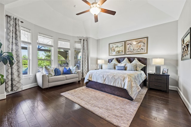 5518 Fleming Rock Ln, Fulshear, TX 77441 - bedroom with hardwood / wood-style floors, baseboards, vaulted ceiling, and a ceiling fan