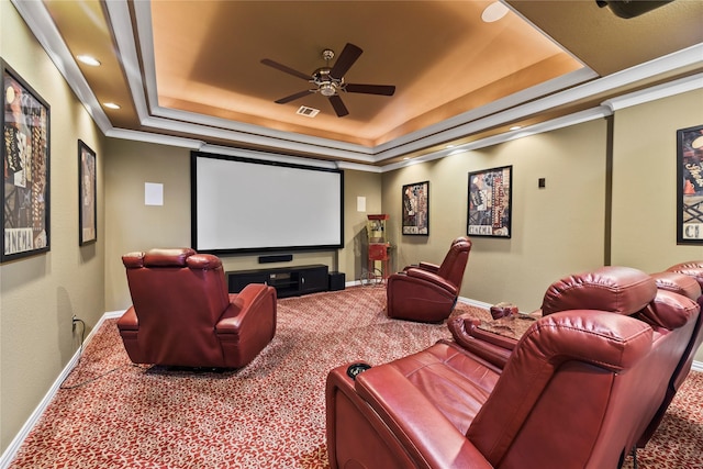 5518 Fleming Rock Ln, Fulshear, TX 77441 - cinema with a tray ceiling, carpet, ceiling fan, crown molding, and baseboards