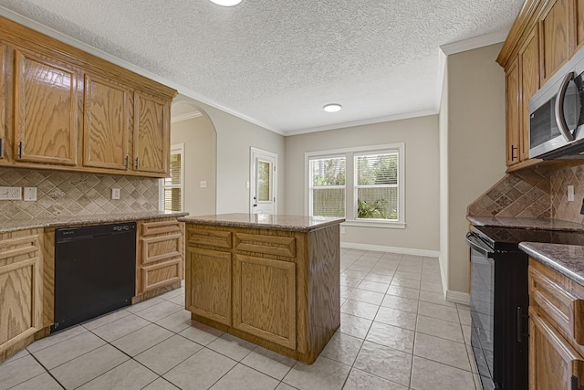 1207 S Diamondhead Blvd, Crosby, TX 77532 - kitchen featuring black appliances, arched walkways, backsplash, ornamental molding, and light tile patterned floors