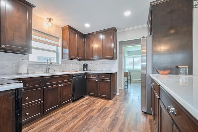 kitchen with black dishwasher, a sink, light wood-style flooring, crown molding, and light countertops