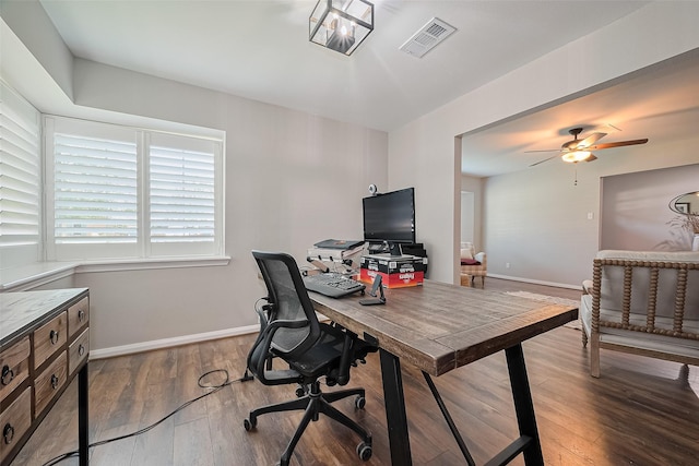 home office with wood finished floors, baseboards, and ceiling fan