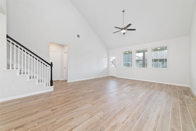 19806 Lone Paddock Cir, Tomball, TX 77377 - unfurnished living room with high vaulted ceiling, ceiling fan, light wood-style floors, and baseboards