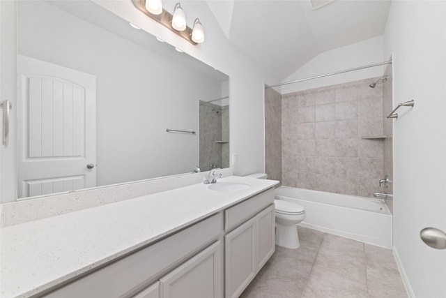 19806 Lone Paddock Cir, Tomball, TX 77377 - full bathroom with toilet, vanity, shower / tub combination, tile patterned floors, and vaulted ceiling