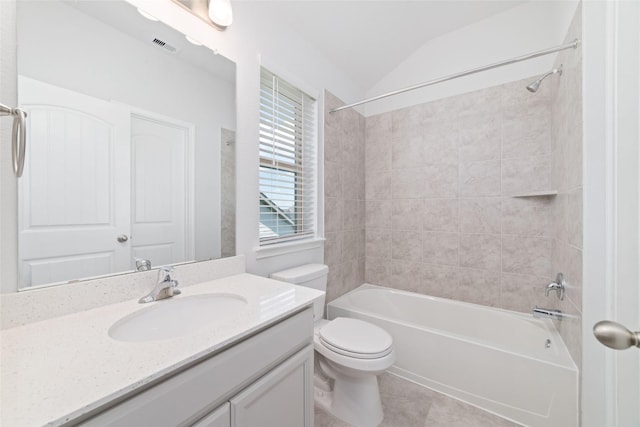 19806 Lone Paddock Cir, Tomball, TX 77377 - bathroom with toilet, shower / washtub combination, vanity, tile patterned flooring, and vaulted ceiling