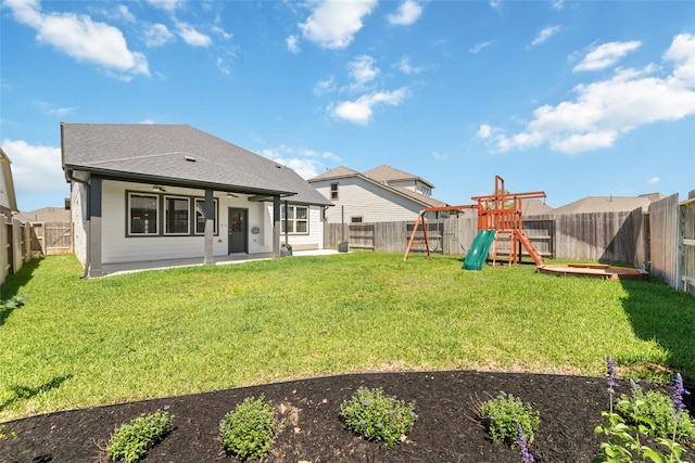 19806 Lone Paddock Cir, Tomball, TX 77377 - rear view of property featuring a playground, a patio area, and ceiling fan