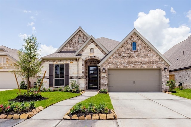 1639 Rosedale Dr, Missouri City, TX 77459 - french country style house featuring concrete driveway, brick siding, a front yard, stone siding, and an attached garage