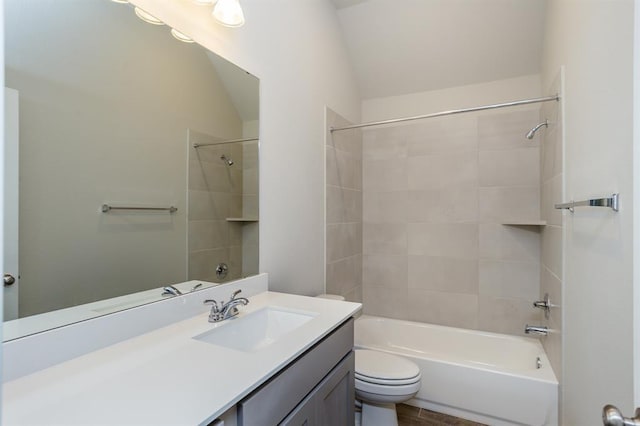1639 Rosedale Dr, Missouri City, TX 77459 - bathroom featuring toilet, shower / bath combination, vanity, and lofted ceiling