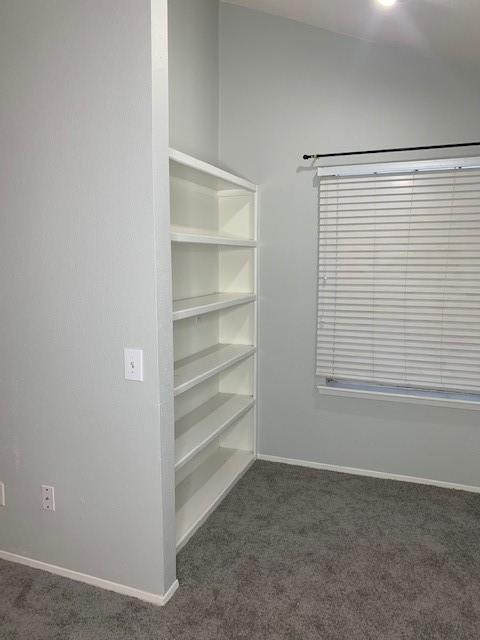 walk in closet featuring dark carpet