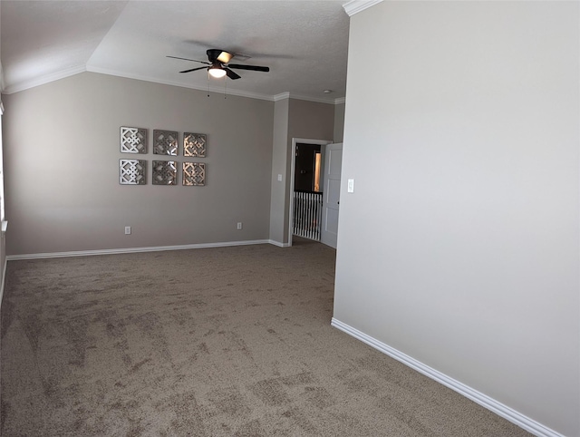 10718 Wall Fern Way, Houston, TX 77034 - carpeted spare room featuring ceiling fan, baseboards, ornamental molding, and vaulted ceiling