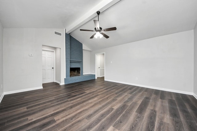 unfurnished living room featuring a ceiling fan, baseboards, a brick fireplace, and dark wood-style flooring
