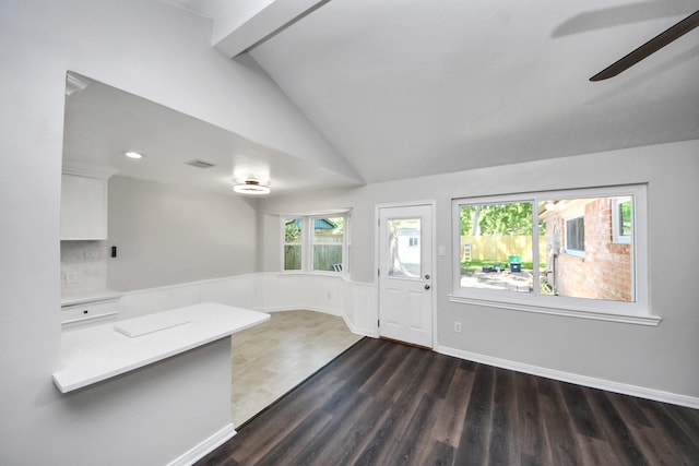 entryway featuring ceiling fan, dark wood-style flooring, a wainscoted wall, and recessed lighting