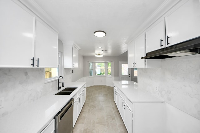 kitchen with a sink, stainless steel dishwasher, under cabinet range hood, tasteful backsplash, and light countertops