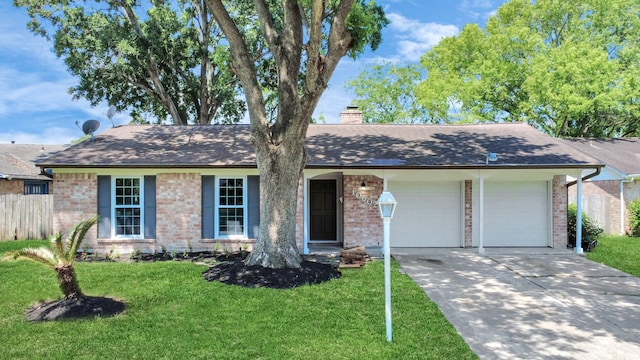 ranch-style home with brick siding, an attached garage, concrete driveway, a chimney, and roof with shingles