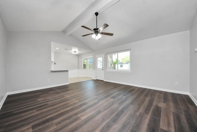 unfurnished living room with dark wood finished floors, ceiling fan, and baseboards