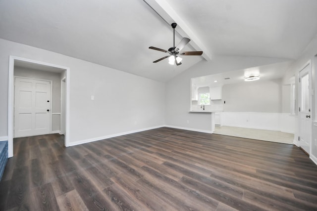 unfurnished living room featuring ceiling fan, dark wood finished floors, and a sink