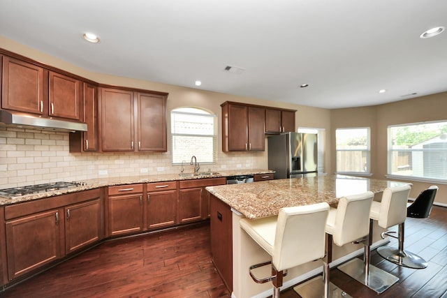 kitchen featuring appliances with stainless steel finishes, dark wood finished floors, a sink, plenty of natural light, and recessed lighting