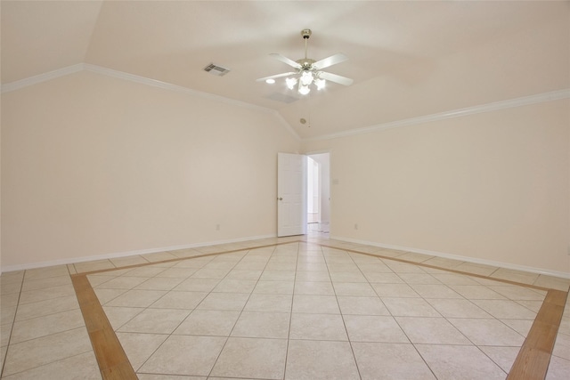 18415 Deer Crossing Dr, Humble, TX 77346 - spare room with lofted ceiling, a ceiling fan, light tile patterned floors, ornamental molding, and baseboards