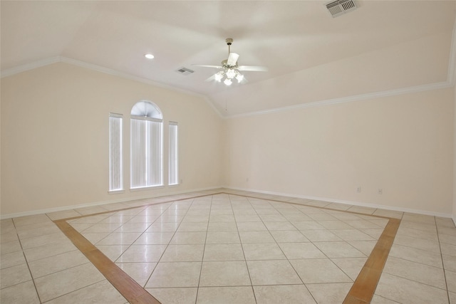 18415 Deer Crossing Dr, Humble, TX 77346 - unfurnished room with light tile patterned floors, vaulted ceiling, inlaid floor details, a ceiling fan, and baseboards