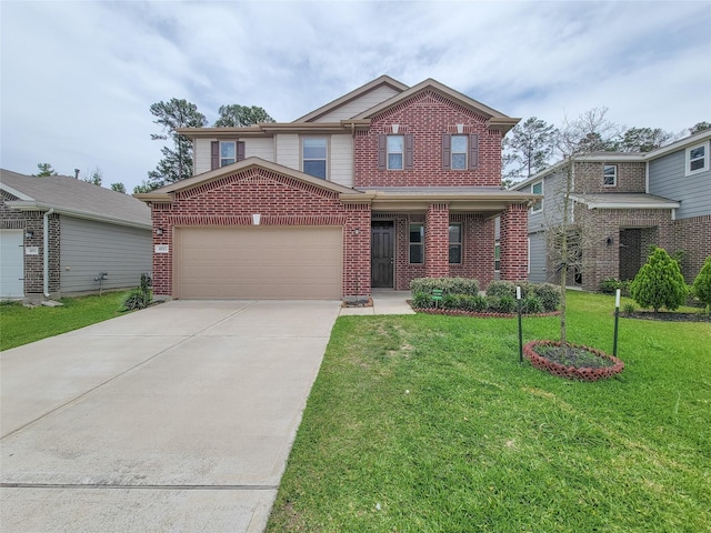 4015 Mossy Banks Ln, Houston, TX 77068 - view of front of house with brick siding, a garage, driveway, and a front lawn