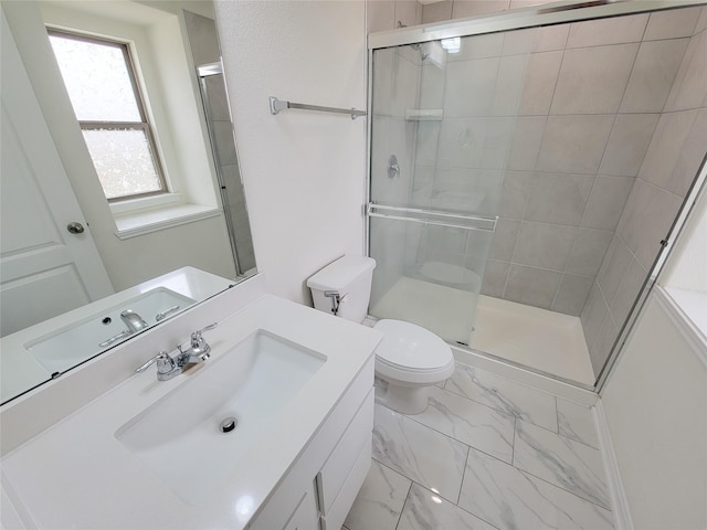 4015 Mossy Banks Ln, Houston, TX 77068 - bathroom featuring toilet, a stall shower, vanity, and marble finish flooring