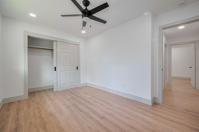 23331 Balthasar St, Spring, TX 77373 - unfurnished bedroom featuring light wood-style flooring, recessed lighting, baseboards, a closet, and a ceiling fan