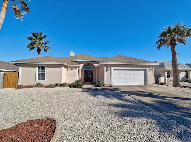 15614 Escapade St, Corpus Christi, TX 78418 - single story home featuring an attached garage, driveway, a chimney, fence, and stucco siding