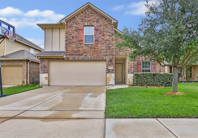 traditional-style house with an attached garage, stone siding, a front lawn, driveway, and brick siding