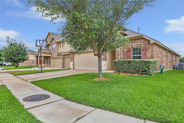 view of front of house with brick siding, a front lawn, concrete driveway, and central AC