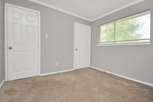 carpeted spare room featuring baseboards and crown molding