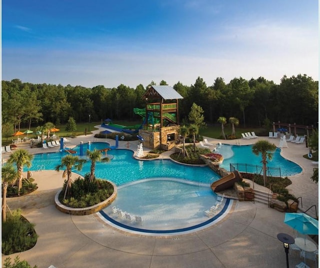 226 Aster View Ct, Montgomery, TX 77316 - community pool with a water slide, a patio area, and a view of trees