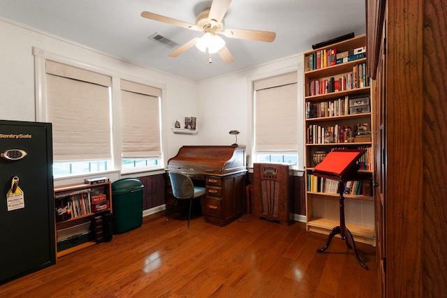 2120 73rd St, Galveston, TX 77551 - office area featuring a ceiling fan and wood finished floors