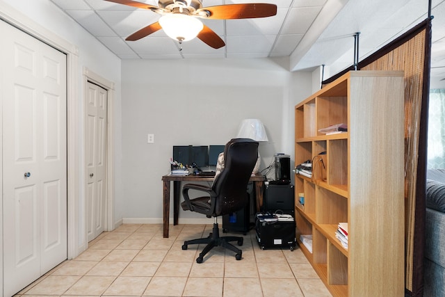 2120 73rd St, Galveston, TX 77551 - home office with light tile patterned flooring, a ceiling fan, and a paneled ceiling