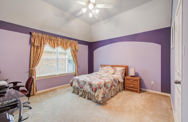 11939 Galentine Pt, Cypress, TX 77429 - carpeted bedroom with baseboards, vaulted ceiling, a ceiling fan, and an office area