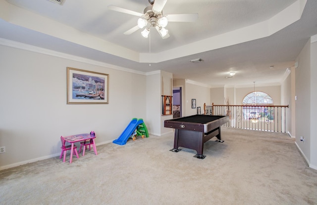 11939 Galentine Pt, Cypress, TX 77429 - recreation room with a ceiling fan, carpet floors, ornamental molding, baseboards, and pool table