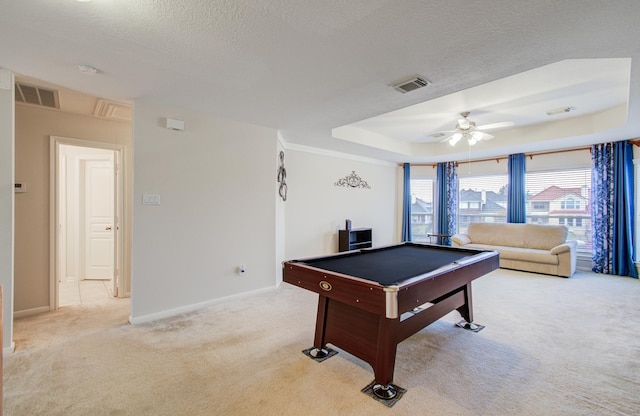 11939 Galentine Pt, Cypress, TX 77429 - recreation room featuring light carpet, pool table, ceiling fan, a raised ceiling, and baseboards