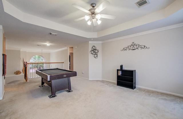 11939 Galentine Pt, Cypress, TX 77429 - playroom with light colored carpet, ceiling fan, ornamental molding, baseboards, and a raised ceiling