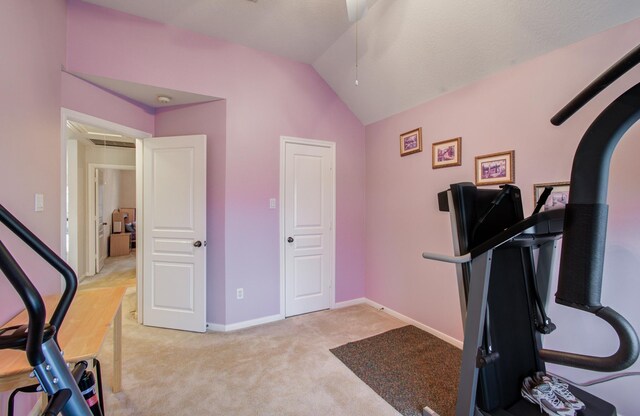 11939 Galentine Pt, Cypress, TX 77429 - workout area featuring light carpet, lofted ceiling, baseboards, a ceiling fan, and attic access
