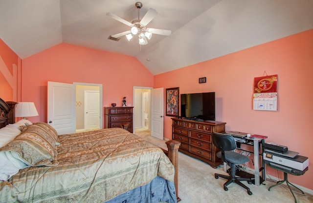 11939 Galentine Pt, Cypress, TX 77429 - bedroom with light colored carpet, high vaulted ceiling, and ceiling fan