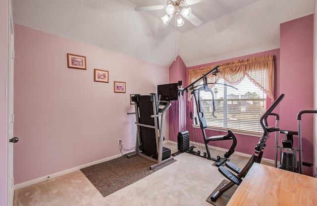 11939 Galentine Pt, Cypress, TX 77429 - workout room featuring a ceiling fan, carpet flooring, baseboards, and lofted ceiling