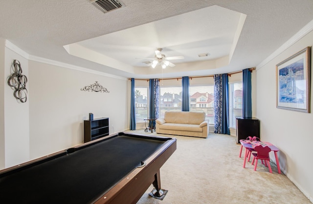11939 Galentine Pt, Cypress, TX 77429 - rec room with a tray ceiling, carpet floors, a ceiling fan, pool table, and ornamental molding