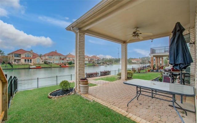 11939 Galentine Pt, Cypress, TX 77429 - view of patio with ceiling fan, a water view, a grill, and a residential view