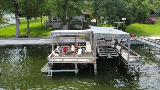 180 Hummel Ln, Coldspring, TX 77331 - dock featuring a water view, a lawn, and boat lift