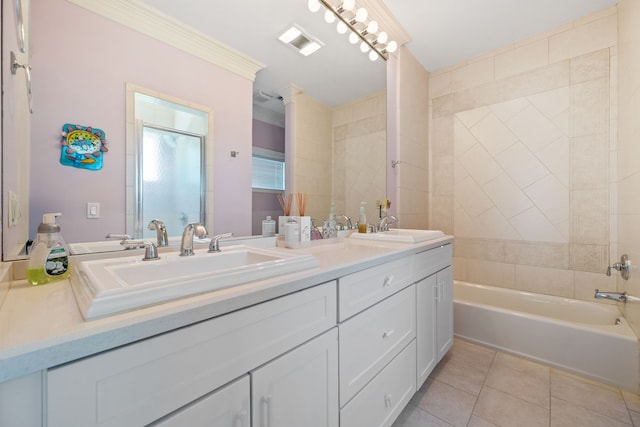 180 Hummel Ln, Coldspring, TX 77331 - bathroom featuring tile patterned flooring, crown molding, double vanity, and shower / washtub combination