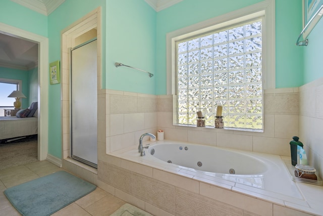 180 Hummel Ln, Coldspring, TX 77331 - bathroom with ensuite bathroom, tile patterned floors, a stall shower, a whirlpool tub, and crown molding