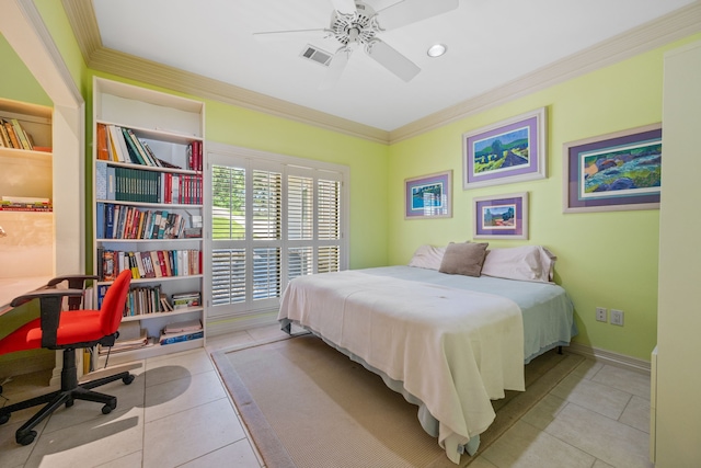 180 Hummel Ln, Coldspring, TX 77331 - tiled bedroom featuring crown molding, ceiling fan, recessed lighting, and an office area
