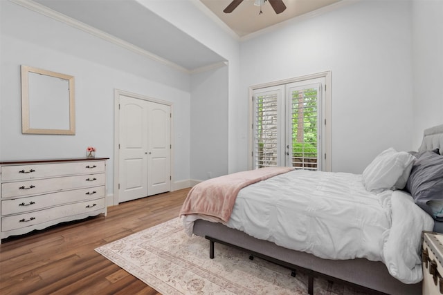 3706 Skyoak Ct, Spring, TX 77386 - bedroom with access to outside, ornamental molding, wood finished floors, ceiling fan, and baseboards