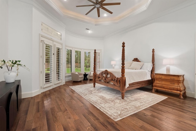 3706 Skyoak Ct, Spring, TX 77386 - bedroom with access to outside, wood-type flooring, ornamental molding, a raised ceiling, and recessed lighting
