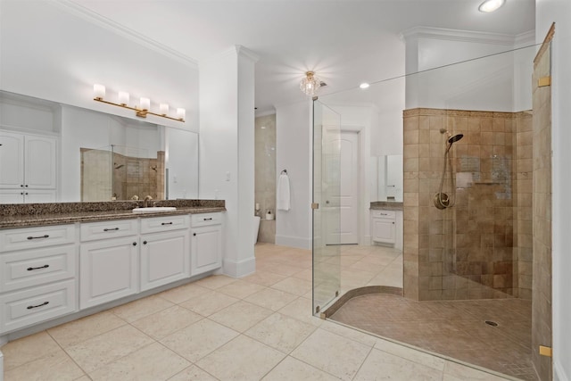 3706 Skyoak Ct, Spring, TX 77386 - full bath with walk in shower, vanity, tile patterned flooring, and crown molding