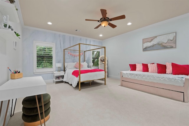 3706 Skyoak Ct, Spring, TX 77386 - bedroom with crown molding, carpet flooring, baseboards, recessed lighting, and a ceiling fan